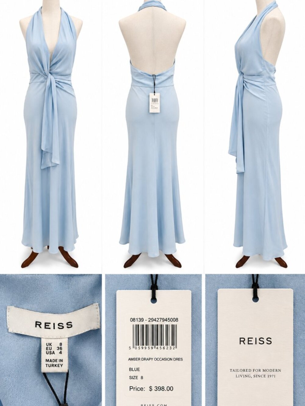 NWT Reiss Amber Light Blue Halter Maxi Dress UK 8 US 4 Open Back